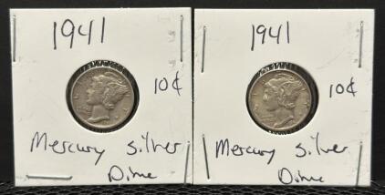 (2) 1941 Mercury Dimes, 10 Cents, 90% Silver, U.S. Coin