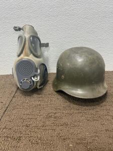 (1) WWII Helmet. (1) WWII Gas mask