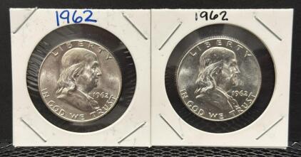 (2) 1962 Franklin Half Dollar Coins, United States Mint, 90% Silver