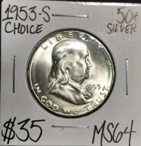 1953-S MS64 Choice Silver Franklin Half Dollar