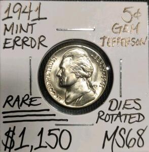 1941 MS68 Rare Mint Error Gem Jefferson Nickel
