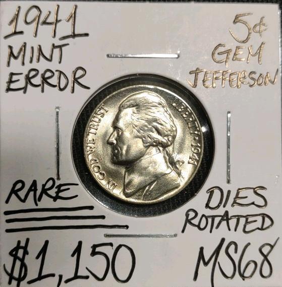 Rare Mints 1941 MS68 Rare Mint Error Gem Jefferson Nickel