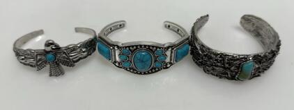 Set of Three Silver-Tone Cuff Bracelets with Turquoise Stones