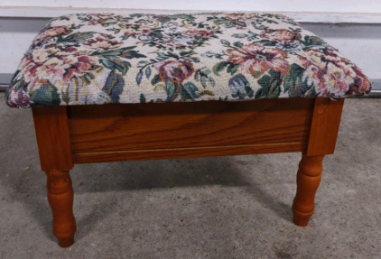 A Vintage Floral Upholstered Footstool W/ Hidden Storage &ndash; Tapestry Ottoman with Hinged Lid &ndash; Cottagecore Vanity Stool