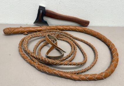 Leather Bullwhip and Hatchet Set, Braided Design, Wood Handle