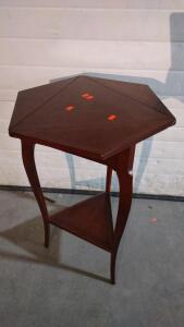(1) 19&frac12;"x 17"x 28&frac12;" Antique Drop Leaf Side Table & (1) Metal Padded Stool w/ Moose Design on Back