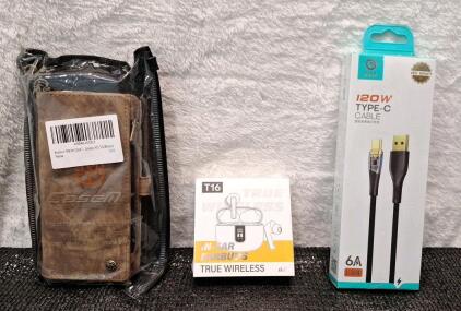 (1) Wallet Case For Samsung Galaxy A55 5G, (1) Pair Of Wireless Earbuds, (1) 4-Foot / 120W Type C Cable