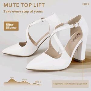 (1) Pair Of IDIFU Women's IN4 Chunky High Heels Pumps Closed Toe Block Strappy Heels Pointed Toe Dress Shoes, White, Size-7.5<br/>