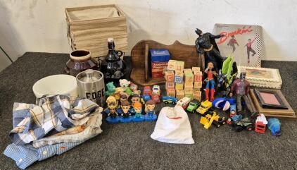 Wood Shelf, (4) Storage Baskets, 'Breakin' Vinyl Record, (3) Picture Frames, Kids Toys, (6) Nice Button Down Men's Shirts, Bowl, Jugs, Anatomy & Physiology Study Cards