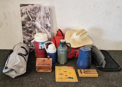 Camping Lot!! Single Person Tent, Sleeping Bag, Coffee Pot, (3) Water/Thermos Mugs, Cowboy Hat, Fishing Book, Coin Bank, Wall Picture Art, Wooden Cribbage Board
