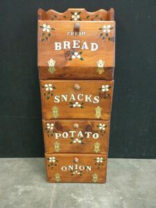 Rustic Wooden Kitchen Storage Bin Labeled "Fresh Bread," "Snacks," "Potato," "Bread," "Onion"