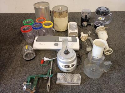 Lot Of Kitchenware Including A Coffee Grinder, Vacuum Bag Sealer, Juicer, Apple Peeler and Much Much More