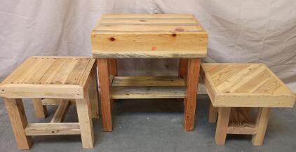 (3) Custom Built Outdoor Patio Tables. 22" X 22" X 30", 20" X 27" X 24". Lamp 12" X 12" X 25"