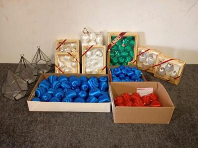 (3) Hanging Glass Decorative Candle Holders. Lot of Red, White,Blue and Green Satin Christmas Tree Decorations