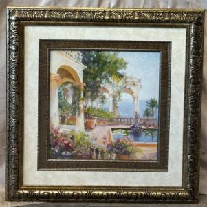 Framed Ancient Courtyard Painting / 35&rdquo; L x 36&rdquo; H