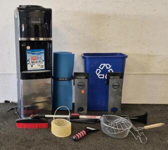 Primo Water Cooler (Works), (2) Monitor/TV Stands, Recycling Bin, Yoga Mat, (2) Ice Scrappers, Basket, Fryer Basket