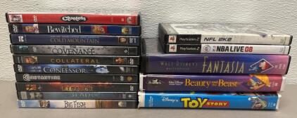 Diverse Collection of DVDs, PS2 Games, and Disney VHS Classics