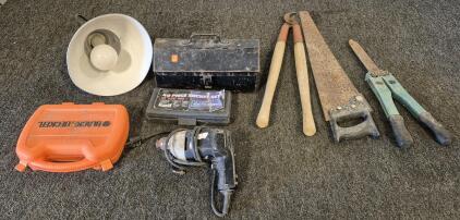 Black & Decker Drill Bit Case, Socket Set, Tool Box With Some Tools, Shop Light (Works), Saw, Garden Clippers, Vintage Black & Decker Corded Electric Drill (Works)