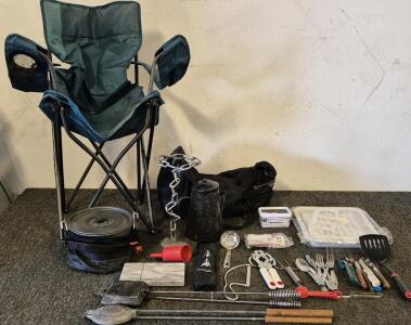 Fold Camping Chair, Bag Camping Pot And Kitchen Accessories, Coffee Pot, (2) Campfire Sandwich Cooker & Toaster, And More!
