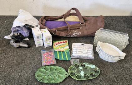 (4) Serving Boats, (6) Glass Dinner Plates, (2) Egg Trays, (4) Light Bulbs, Black & Decker Vacuum (Works), Mop Refill, Beads, Bed Sheet Grippers, Yoga Mat And Bag, And More!