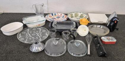 Baking Dishes, (2) Cutting Boards, Pitcher, Disk, Serving Bowl, Clothes Iron (Works), Paper Hole Punch, And More!