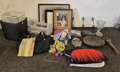 Lamp (Works), Wall Decor, (3) Purses, Wall Hanger, New Men's Shorts, Picture Frames, Porcelain Doll And Crib Cat Toys, (2) Trash Bins, Bathroom Mat Set, Shower Curtain