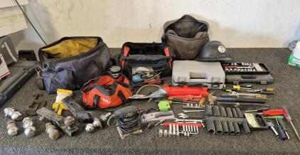 (3) Tool Bags Full Of Tools; ( Screw Drivers, Wrenches, Sockets, Screw Bits, Levels, And More!), Ryobi HP961K Screw Driver And Batteries (Works), Hard Hat, (6) Hitches, Tap And Die Set, Electric Sander (Works)