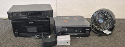 (2) Epson Printers (Works), Sony Compact Disc Player (Works), Vornado Fan (Works), (2) Vizio Speakers