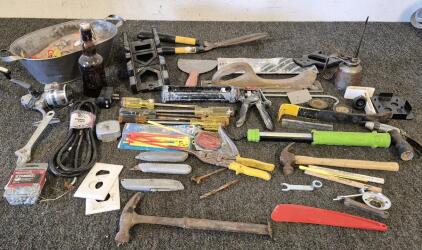 Screw Drivers, Hammers, Dry Wall Tools, Power Cord, Caulk Gun, Hedge Clippers, Saw, Oil Can, Fishing Reel And More!