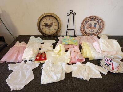 Baby Girl Dresses, Blankets, Little Girl Dresses and Shoes, Decorative Rooster Clock, Vintage Coca Cola Plate and Coffee Mugs and Much Much More