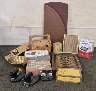 1/3 Foldable Table Topper, Wooden Box With Shoe Polish, Air Compressor Leg Messager, Omron Blood Pressure Monitor, Puzzle, Cigar Box, Wooden Tray, Tin, Picture Frame, (2) Light Figures, And More!