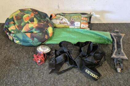 Camping Accessories (Poles, Stakes, Tent Cover), Car Jack, Straps, Bean Bag, Lamp Light