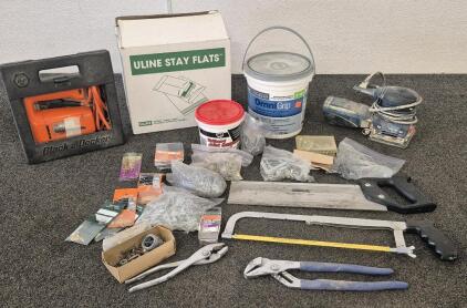 Black & Decker Jig Saw (Works), Sander (Works), Omni Grip, Wallboard Joint Compound, Screws Nails, (2) Hand Saws, Wrenches, Line Stay Flats