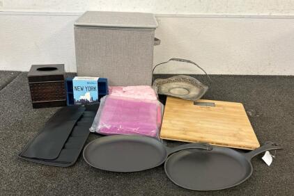 (1) Foldable Storage Bin, (2) Cast Iron Sizzler Pans, (1) Scale, And More