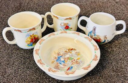 3-Peice Vintage Collectible Bunnykins Royal Dolton Tableware Set (LTD 1936) and 1 Peter Rabbit Cup