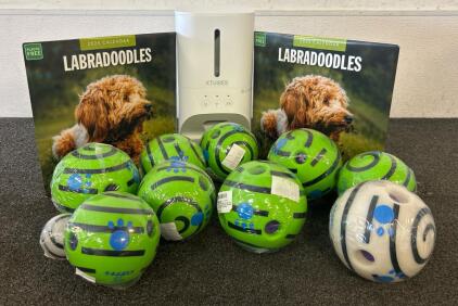 (1) Xtuoes Automatic Pet Feeder, (2) Labradoodles 2025 Calendar, And (11) Toy Balls For Pets