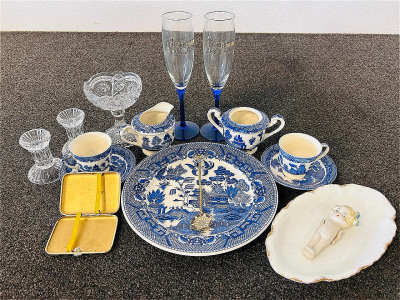Antique Blue Willow Japan Dishes, Glassware, Mini Clay Doll, French Brass Champleve Enamel Spoon With Twisted Handle, Vintage Cigarette Case and More