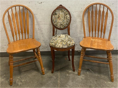 (2) Wooden Chairs And (1) Brown Glazed Wooden Chair 1940 Fabric