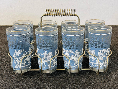 Set Of 6- Vintage Jeannette Glass Co. Highball Tumblers (Blue Wedgewood Style) With Carrying Rack