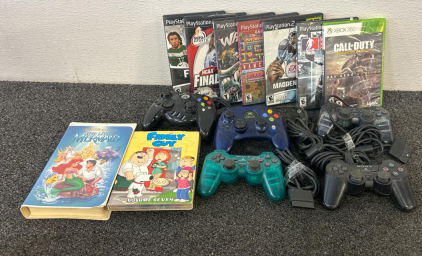 (5) Controllers, (7) Video Games Including Madden NFL 08 Playstation 2 And Call Of Duty Advanced Warfare XBOX 360, And (3) Movies