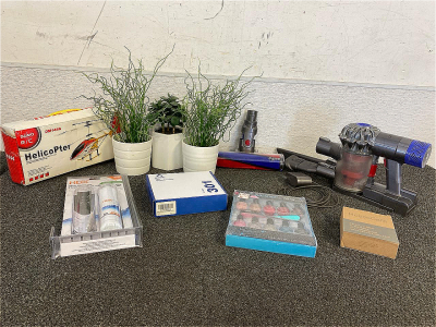 Home Lot Including, Faux Plants, New PatPet Dog Training Collar, Dyson Cordless Stick Vacuum, HDX Fridge Replacement Filter, Remote Control Helicopter,