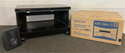 New Denon AVR-3801 Receptor Audio Visual A/V Surround Receiver And Pioneer CB-V251A Entertainment Center With Wheels