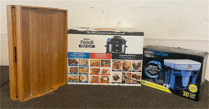 New In Box Ninja Foodi Pro Pressure Cooker, (2) Folding Bamboo Bed Trays, And New Zero Water 5-Stage Ion Exchange Filter