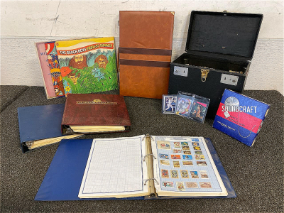 (3) Binders Of Stamps, Box Of Recording Tapes, (3) Vinyls, Game Board, Baseball Cards And More