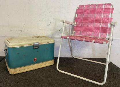 Vintage Thermos Chest, And Folding Lawn Chair