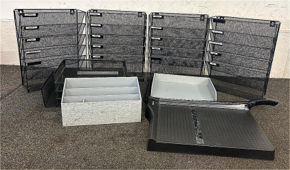 Office Supplies Including - (4) Wall Mounted File Organizer,(1) Amazon Basics Paper Trimmer, And More File Organizers