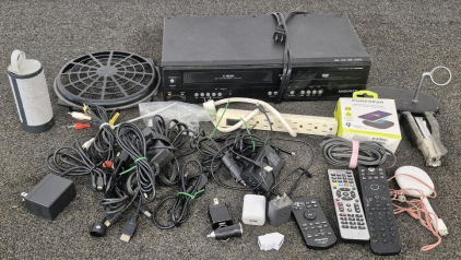 Magnavox DVD/VHS Player(Works), Wireless Charging Pad, Remotes, Stapler, Electric Cords, Chargers, Plug Ins, Vivian Speaker and More!
