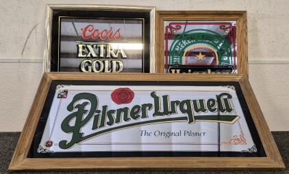(3) Mirror Beer Signs (Coors(17" W&times;21"L), Heineken(22 1/4"L&times;14 1/4W), Pilsner(15 5/8"W&times;31"L)