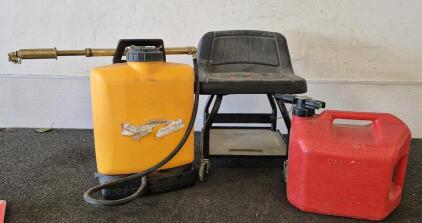 Mechanics Roller Chair, Gas Can(5Gal), Indian Smokechaser Collapsible Fire Pump, 5-gallon backpack-style fire pump designed for wildland firefighting and emergency response.