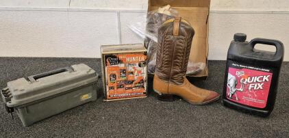 Tony Lama Boots, Dead Down Wind Hunter Set, Fishing Box With Hooks And Lures, Deer Cane Quick Fix